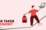 Title: Rick Taker Economy. Illustration: a man walking on a line balancing himself while holding a backpack on one hand and a laptop on the other.