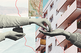 A collage of images depicts an outstretched hand distributing a meager ration of berries as retro apartments and a California coast divide the background.