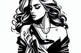 A black and white modern illustration of a young woman holding a pair of shoes