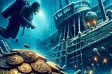 Diver near a shipwreck with visible ancient coins, symbolizing underwater exploration and discovery.