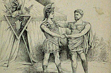 Drawing of two friends in classical times, dated 1898.