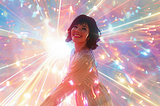 A smiling joyous Starseed woman is encompassed by a great Pleaidian mother ship composed entirely of different colored rays of Light.