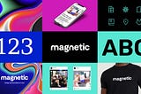 a nine panel visual summary of Magnetic’s visual identity system comprising logo, fonts, social media post examples, staff t-shirt and how the website appears on mobile devices