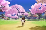 The customizable main character of Rune Factory: Guardians of Azuma stands on a road surrounded by bright pink trees.