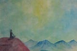 A figure sits high above the world, meditating on the light.