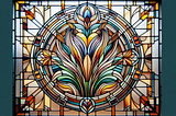 An art deco inspired stained glass piece in an octagonal shape with an intricate border around the design with an abstract design and geometric shapes for beginners in bold, contrasting colors