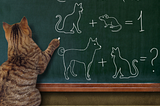 Brown tabby cat standing in front of a chalkboard with chalk in its paw. On the board is are these formulas: mouse + mouse = 2. Cat + mouse = 1. Dog + cat = ?
