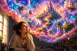 A young woman daydreams by a window as a bright fantasy world of castles, stars, floating islands, clouds and a unicorn fills the room.
