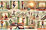 Multiple scenes showing home workout