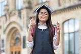 School girl stands with book open on her head crossing her fingers for luck.