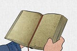 An image of someone holding an open book with blank pages.