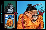 Two small images of a basic Cryptoback Gorilla NFT and an Ebisu’s Bay Founding Member NFT as the inspiration for the larger image of an Honorary Ebisu Cryptoback Gorilla NFT.