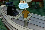 Squidward Tentacles staring disapprovingly while standing at his boat cash register with a photoshopped blue mask on.