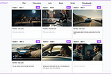 A screenshot of the Storyboard page on the Saga app, which shots from different movie scenes and notes. One of the shot panels has previz animation of the shot.