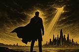Digital artwork of a cloaked man standing on dark terrain, facing a broken futuristic city at sunset. The scene uses a black and gold color palette with storm clouds and dramatic lighting.