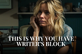 Blonde woman sitting at kitchen table struggling with writer’s block