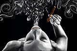 Digital illustration of a woman on her back smoking a cigar and she blows a plume of Art Deco Style smoke.