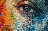 This is an artistic image depicting a human eye amidst a sea of colorful bubble-like circles. The eye, detailed and lifelike, contrasts with the abstract pattern surrounding it, creating a compelling fusion of realism and surrealism. The vibrant colors and varying sizes of the bubbles add depth and texture to the piece, emphasizing the eye’s clarity and gaze. AI image created in Midjourney version 6