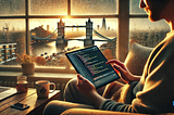 A developer writing a program on a tablet computer on a rainy day in London