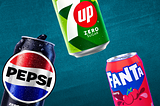 2023 rebranding of Pepsi, 7up, and Fanta logos with an extensive focus on “Zero Sugar”, vibrant colors, and bold typography.