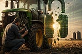 IMAGE: A farmer repairs a green tractor in a field beside a glowing shattered digital padlock, symbolizing the right to repair