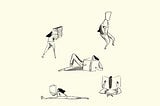 Illustrations of female charcter reading books in different positions: walking carrying books, cross legged, doing the splits