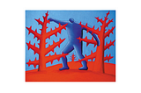 A blue person is trying to walk forward but they are caught in spiky red trees.