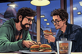 Comic style drawing of two men talking while eating a burger.