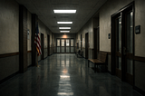 Empty hallway inside a government building with closed doors and muted lighting.