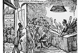 b/w drawing showing a cadaver on a bench seeming to leap into life while people watch. At a door to the left, a man in a tall hat tries to enter, saying “I came to take a cast of his head”. A man answers: “You must wait till the galvanic operations are over.” Behind the man in the hat, people can be seen outside in the background crowding round under a sign reading ‘Camera Obscura of the Murder’