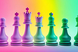 an array of colourful chess pieces in pastel colours