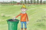 An AI version of a child’s drawing of an elf throwing something into a garbage can. The background is a field of grass with a fence and trees.