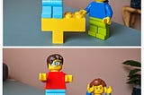 There are two pictures of lego figures. In the first a figure is standing on a block and looks like he might fall, while another figure looks on. In the second picuture the block has been secured and the lego figure is now smiling.