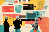 Prompt: A contemporary collage featuring diverse older adults interacting with oversized UI elements, bold typography, and playful shapes that represent easy-to-use tech, modern, abstract, colorful, editorial style