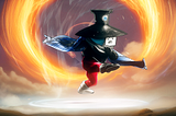 The wizard Jeff does an epic roundhouse kick at no-one in particular. There’s a high energy swirl of sparks behind him, like the kick was super powerful.