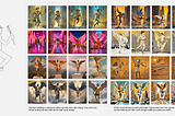 A screenshot of a sketch of Hermes running with 32 AI-generated versions of from the prompt “Greek God Hermes running through a busy new york city street during sunset with boots that have wings holding a caduceus staff.”