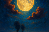 AI generated painting of a luminous full moon above the ocean, with soft moonlight reflecting on the water. Two shadowy figures stand on the horizon.