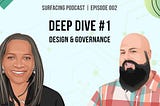 postcard image for Surfacing podcast deep dive #1. Picture of Lisa Welchman and Andy Vitale. The title of the episode in Design & Governance.