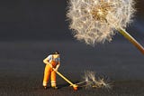 Toy working in high-visibility clothing sweeping up the seeds of a dandelion. The dandelion is looming over the worker.