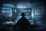 A lone designer sits at a desk in a dark, atmospheric room, facing a glowing monitor that displays a simplified system health dashboard reading “System Status: All Good.” Floating UI panels and prompt-like text surround the screen, suggesting AI-generated design and rapid iteration.