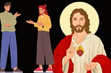 Canva graphic images of a man and women standing together talking next to an iconic image of Jesus with a golden circle behind his head, icon-style, waring a red and beige robe, hoding one finger up and the other hand open. His hair and beard are brown, skin pale, and there’s a heart hanging around his neck. Hes welcoming but not smiling.