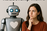 A realistic photo-style image featuring a young woman with long brown hair and light skin, standing next to a silver retro-style robot with glowing blue eyes. The woman is wearing a burnt orange sweater and looks thoughtfully at the robot with her hand on her chin. The robot has a friendly appearance with a white heart symbol on its chest. Above them, bold black text reads: “What’s Your Relationship with AI?” The background is neutral beige, giving the image a clean and modern feel.