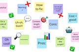 A collection of sticky notes and emojis related to evaluation (graphs, ticks and crosses, etc)