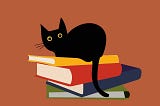 Cartoon of a black cat sitting on top of a pile of four hardcover books