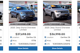 Similar Cars widget showing Jeep Grand Cherokee active listings in CA, USA