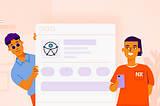 Ilustración que encabeza el artículo y muestra a una persona ciega y a una persona que trabaja en Naranja X viendo el perfil de la fundación Ágora.