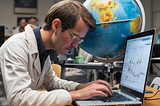 Citizen scientist analyzing data on a laptop next to a globe