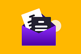 A purple envelope with two papers, one with white background, and the other with a black background representing emails in both light and dark mode