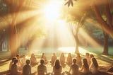 sitting sitting in a circle in forest, bright glow from background