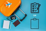 Photos of luggage and some contents alongside one clipboard with lot of checkmarks activities and another clipboard that’s blank.